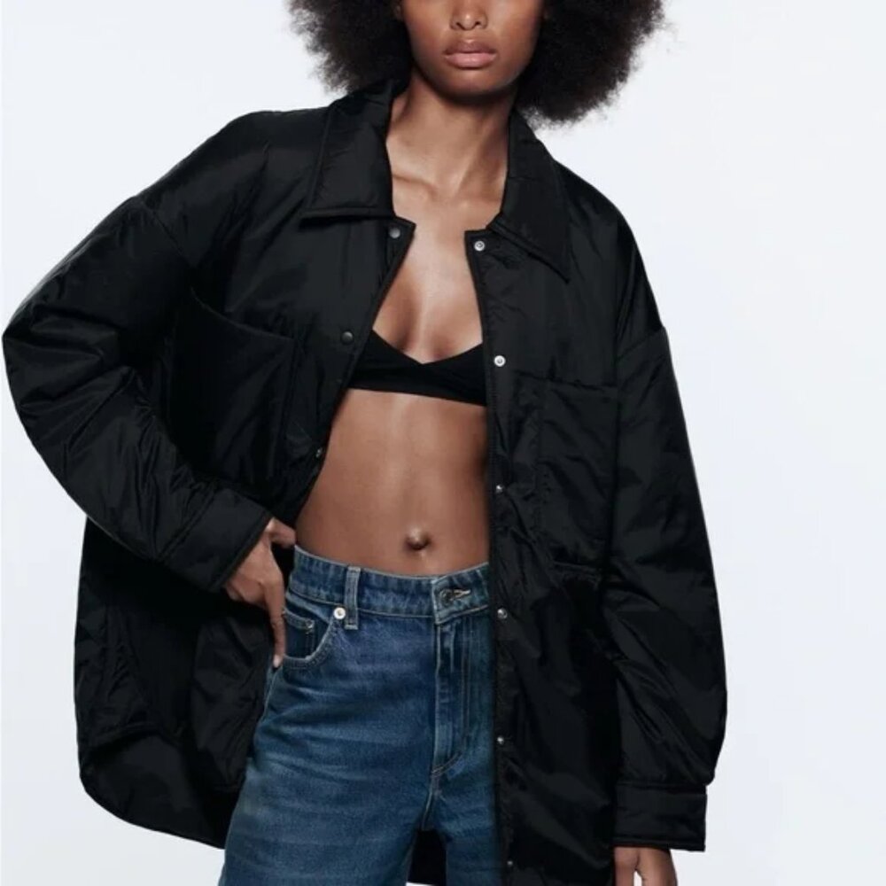 ZARA Water Repellent Oversize Loose Fit Shirt Jacket Medium Length Black XS